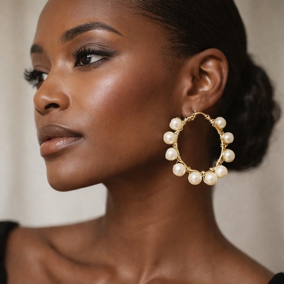 Jewelry - Handmade Pearl Hoop Earrings Gold Tone Artisan Wire Wrapped Statement Jewelry